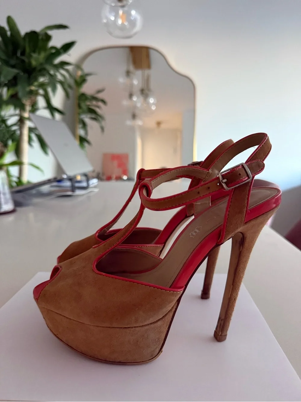 Aldo T-Strap Suede Platform Sandals in Brown with Orange Trim
